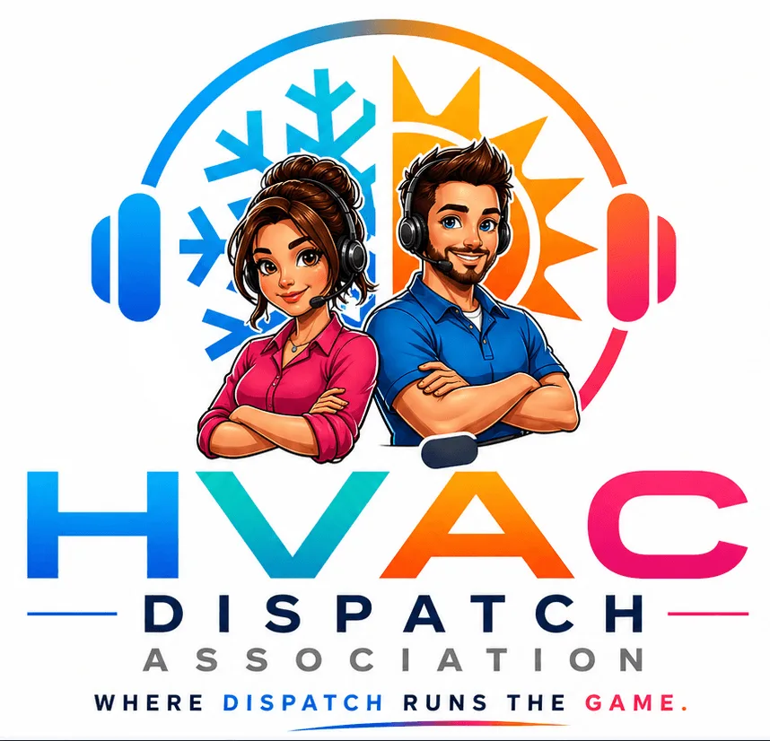 Illustrated HVAC dispatch professionals with the HVAC Dispatch Association logo