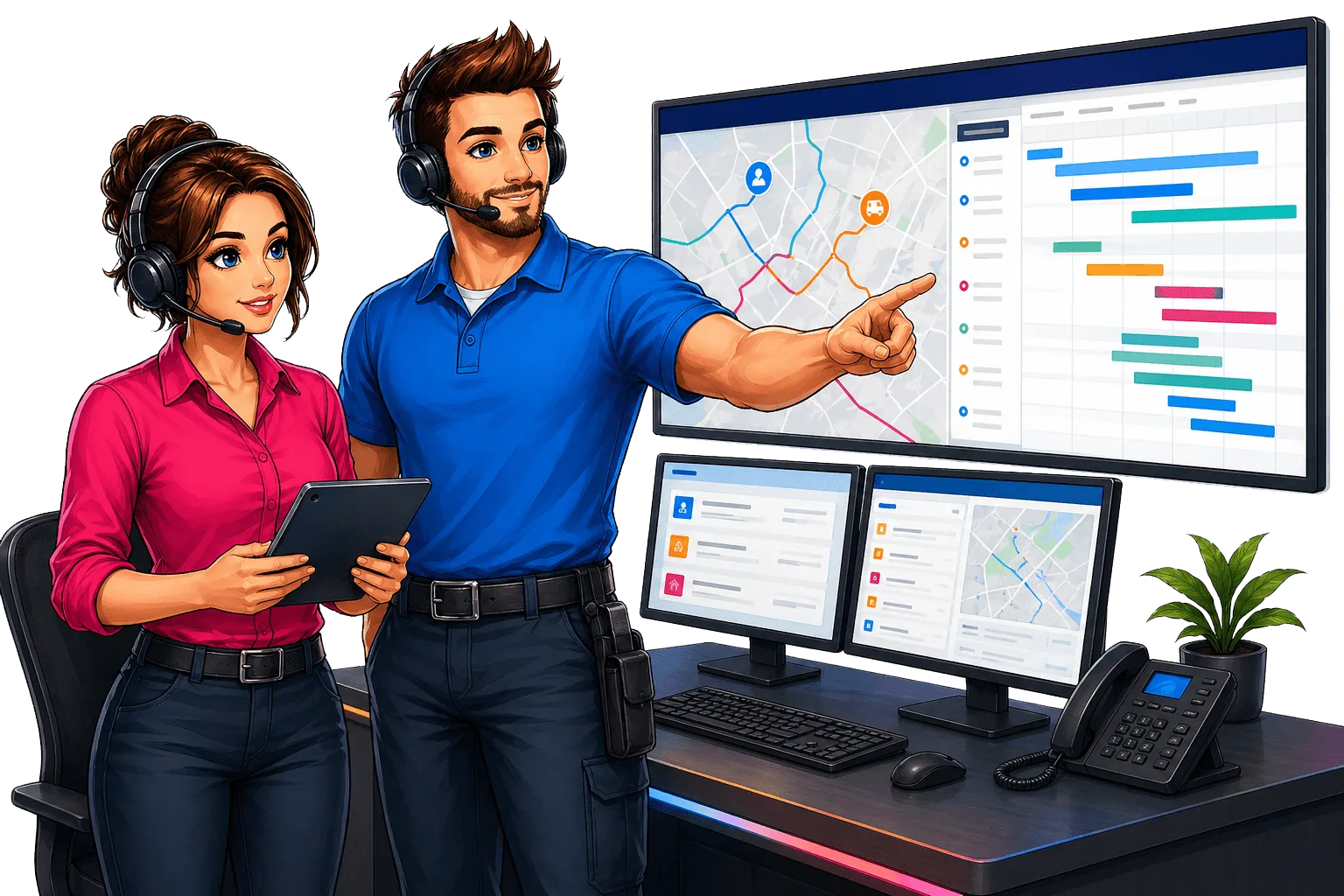 Illustrated HVAC dispatch professionals reviewing a route schedule and dispatch dashboard
