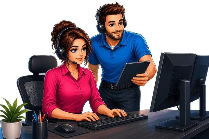 Illustrated HVAC dispatch professionals training together at a dispatch workstation